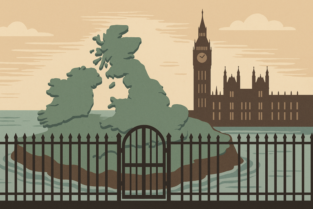 フェンスに囲まれたイギリスの島と、背景にビッグ・ベンを描いたイラスト。国境管理とブレグジット後のイギリスを象徴的に表現している。