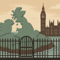 フェンスに囲まれたイギリスの島と、背景にビッグ・ベンを描いたイラスト。国境管理とブレグジット後のイギリスを象徴的に表現している。