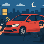 深夜にハッカーが電波を悪用して車を盗もうとしている様子を描いたイラスト。手前にはスマートキーを持つ人物の手が見える。