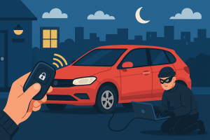 深夜にハッカーが電波を悪用して車を盗もうとしている様子を描いたイラスト。手前にはスマートキーを持つ人物の手が見える。