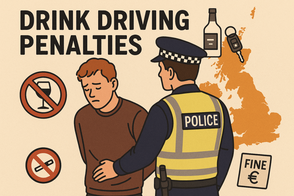 イギリスで飲酒運転の罪に問われた男性が警察官に拘束されているイラスト。背景に英国地図とワインボトル、車の鍵、罰金のシンボルが描かれている。