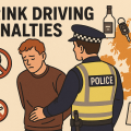 イギリスで飲酒運転の罪に問われた男性が警察官に拘束されているイラスト。背景に英国地図とワインボトル、車の鍵、罰金のシンボルが描かれている。