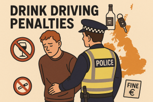 イギリスで飲酒運転の罪に問われた男性が警察官に拘束されているイラスト。背景に英国地図とワインボトル、車の鍵、罰金のシンボルが描かれている。