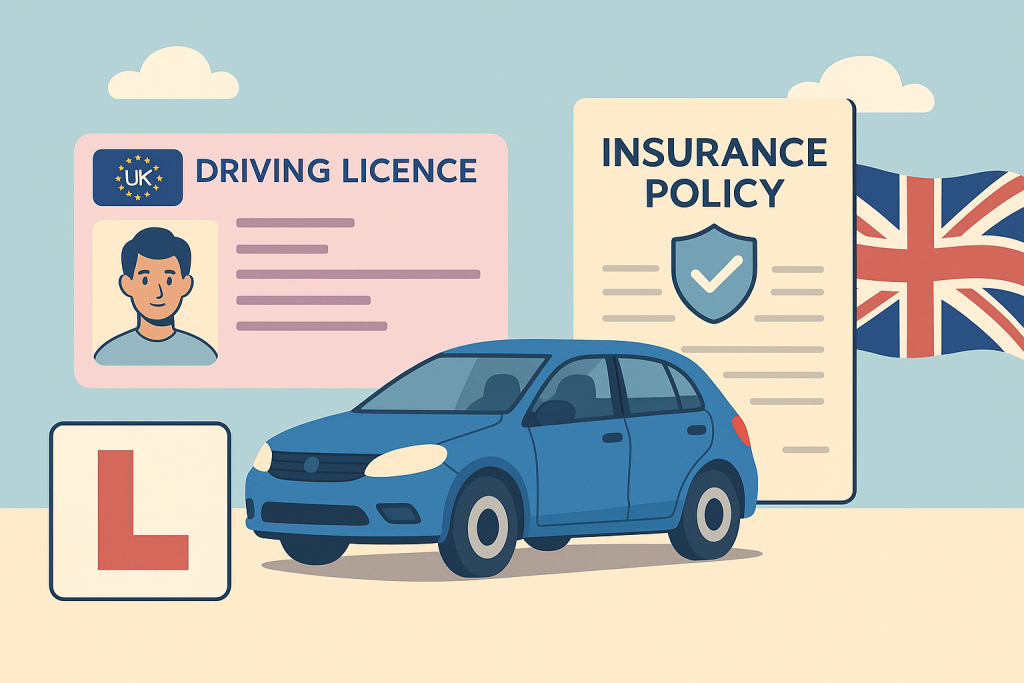 イギリスの運転免許証、青い車、保険書類、Lプレート、ユニオンジャックを描いた横長のイラスト。