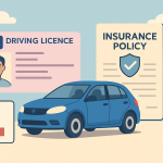 イギリスの運転免許証、青い車、保険書類、Lプレート、ユニオンジャックを描いた横長のイラスト。