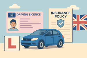 イギリスの運転免許証、青い車、保険書類、Lプレート、ユニオンジャックを描いた横長のイラスト。