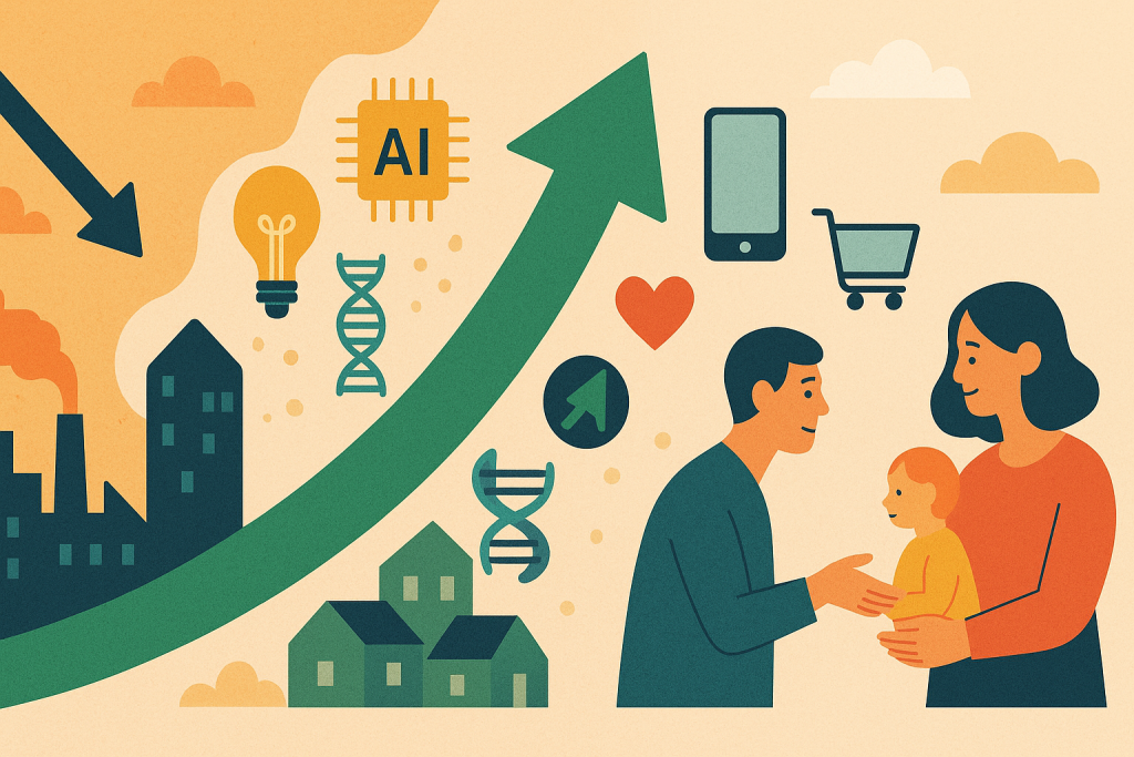 英国経済の変化を象徴するイラスト。左に停滞した工場、中央にAIや医療技術などの成長要素、右側に家族の姿を描き、人々が本当に大切な価値へ向かう様子を表している。