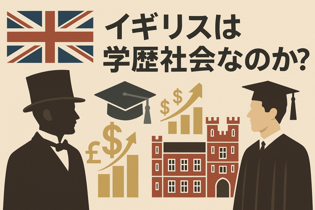 イギリスの学歴社会や階級制度を象徴するイラスト。英国旗、シルクハットの紳士、卒業帽、大学の建物、上昇する収入グラフが描かれている。