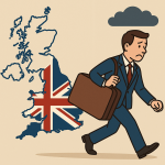 イギリスの地図とユニオンジャックを背景に、スーツケースを持って歩き去るイギリス人男性を描いたイラスト
