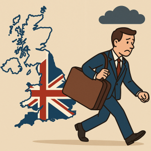 イギリスの地図とユニオンジャックを背景に、スーツケースを持って歩き去るイギリス人男性を描いたイラスト