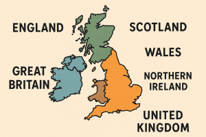 イギリス、イングランド、スコットランド、ウェールズ、北アイルランド、グレートブリテンの違いを示す色分け地図のイラスト