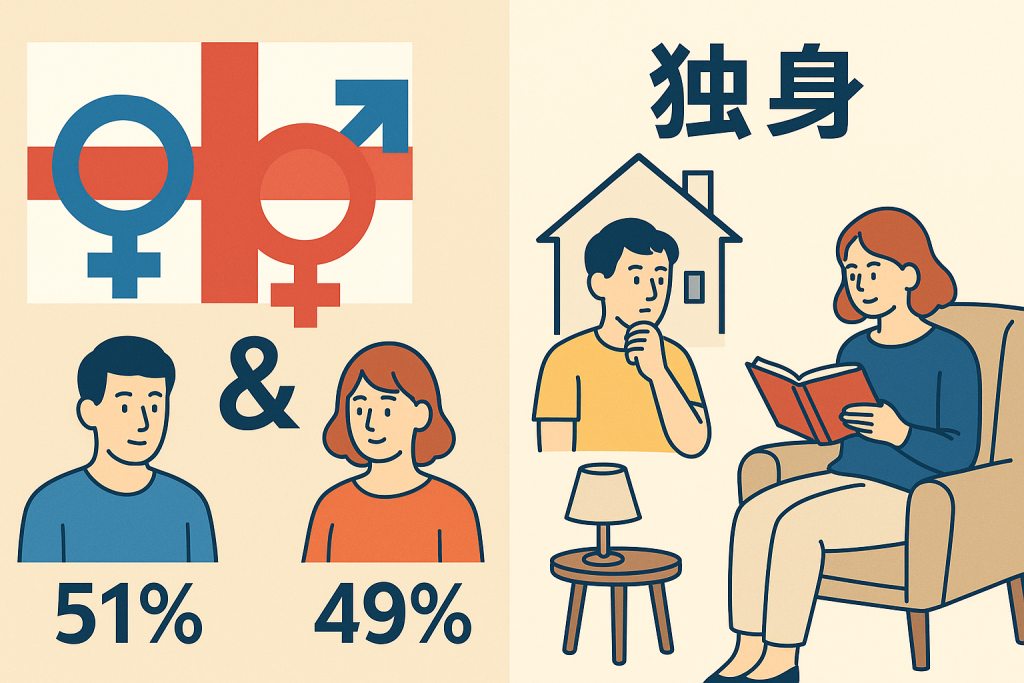 イギリスの男女比と独身率を示す横長のイラスト。男女の割合と一人暮らしの様子をわかりやすく表現したインフォグラフィック。