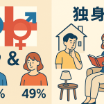 イギリスの男女比と独身率を示す横長のイラスト。男女の割合と一人暮らしの様子をわかりやすく表現したインフォグラフィック。