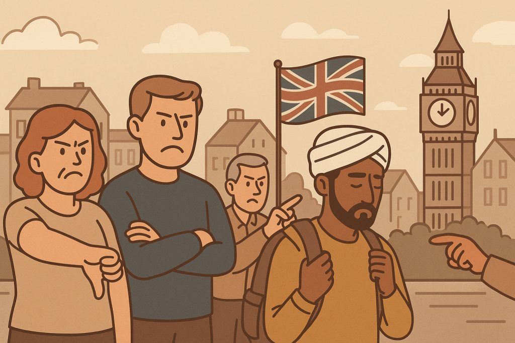 イギリスの都市風景を背景に、移民を批判する人々と肩を落とす移民男性が描かれたイラスト。
