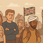 イギリスの都市風景を背景に、移民を批判する人々と肩を落とす移民男性が描かれたイラスト。