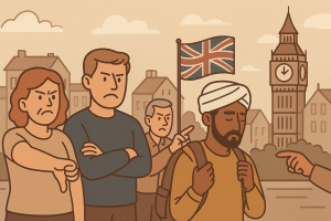 イギリスの都市風景を背景に、移民を批判する人々と肩を落とす移民男性が描かれたイラスト。