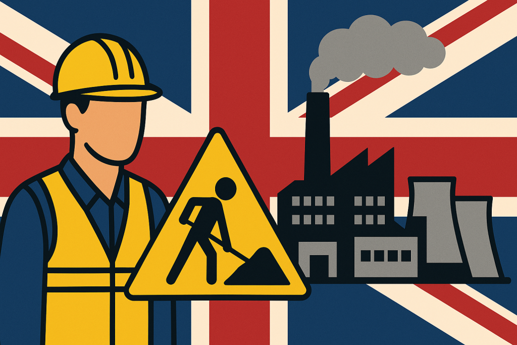 イギリス国旗を背景に、建設作業員、道路工事の警告標識、工場のイラストが並ぶ横長のアイキャッチ画像。
