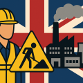 イギリス国旗を背景に、建設作業員、道路工事の警告標識、工場のイラストが並ぶ横長のアイキャッチ画像。