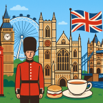ロンドンの名所と衛兵、ビッグベン、タワーブリッジ、紅茶、ユニオンジャックが描かれたイギリスを象徴するアイキャッチイラスト