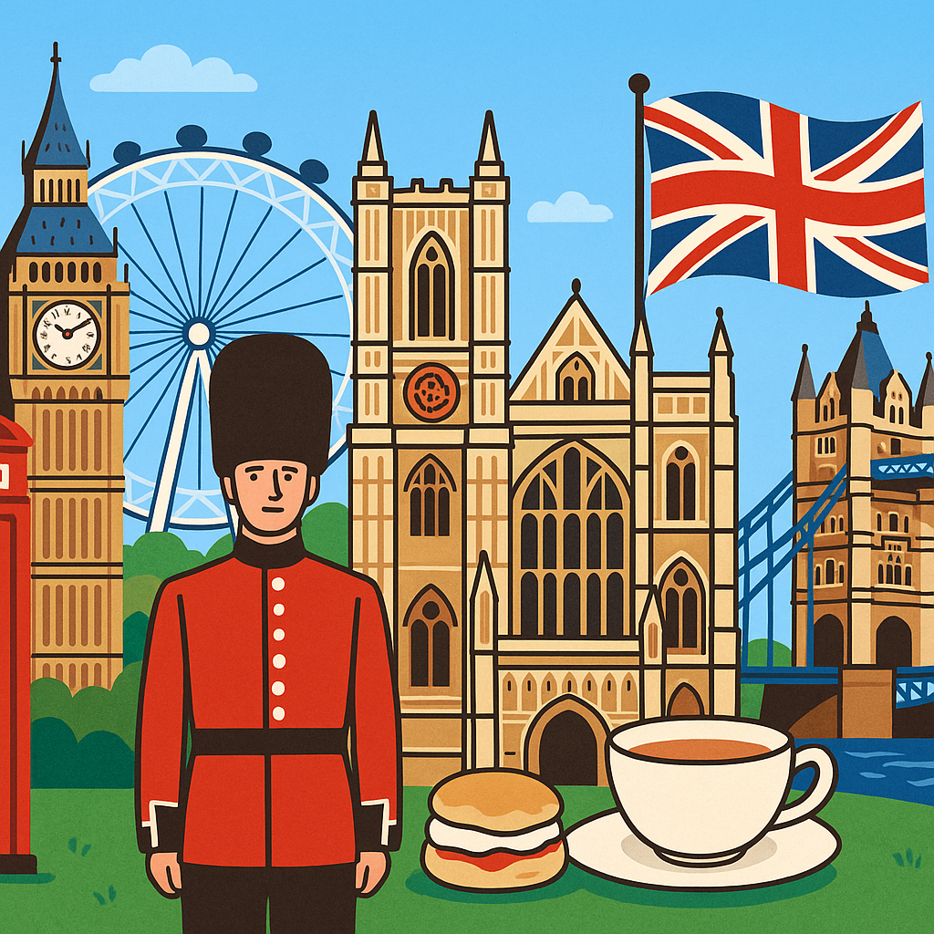 ロンドンの名所と衛兵、ビッグベン、タワーブリッジ、紅茶、ユニオンジャックが描かれたイギリスを象徴するアイキャッチイラスト
