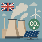 イギリス政府が進める原発建設と脱炭素エネルギーを象徴するイラスト。原子力発電所、風力発電、太陽光パネル、英国旗が描かれている。