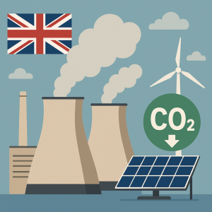 イギリス政府が進める原発建設と脱炭素エネルギーを象徴するイラスト。原子力発電所、風力発電、太陽光パネル、英国旗が描かれている。