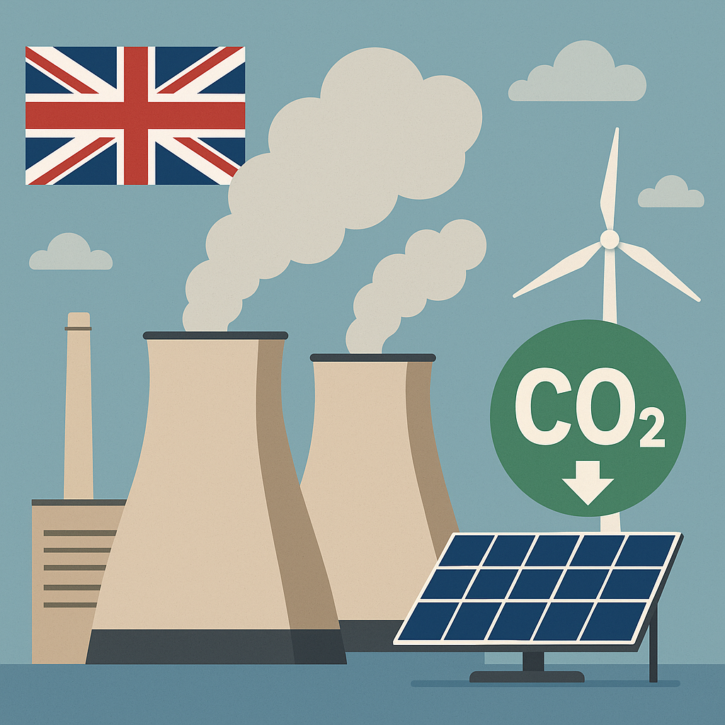 イギリス政府が進める原発建設と脱炭素エネルギーを象徴するイラスト。原子力発電所、風力発電、太陽光パネル、英国旗が描かれている。