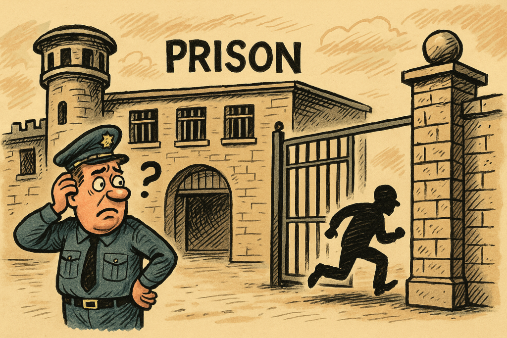 英国の刑務所で看守が困惑し、囚人が門から逃げ出している様子を描いた皮肉的なイラスト。