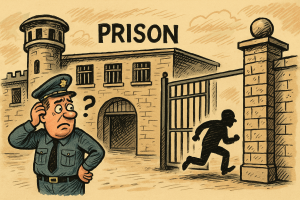 英国の刑務所で看守が困惑し、囚人が門から逃げ出している様子を描いた皮肉的なイラスト。
