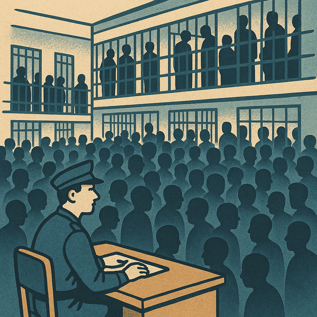 過密状態のイギリス刑務所で、多数の受刑者が狭い空間に集まり、警備担当者が対応している様子を描いたイラスト。