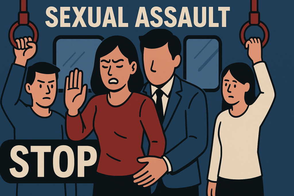 イギリスで公共交通機関内の痴漢被害に遭う女性を描いたイラスト。被害者が『STOP』と訴え、周囲の乗客が注目している様子を表現。