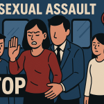 イギリスで公共交通機関内の痴漢被害に遭う女性を描いたイラスト。被害者が『STOP』と訴え、周囲の乗客が注目している様子を表現。