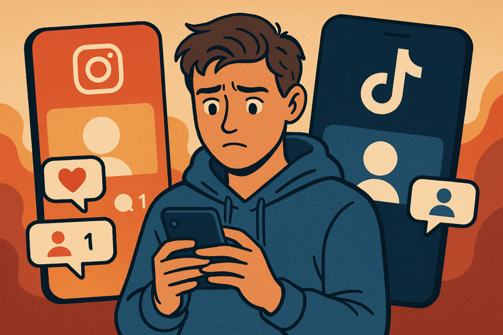 InstagramとTikTokの画面に囲まれ、スマートフォンを見つめて不安そうな表情をする若者のイラスト。