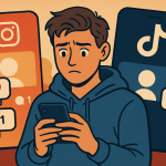 InstagramとTikTokの画面に囲まれ、スマートフォンを見つめて不安そうな表情をする若者のイラスト。