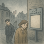 失業率の上昇に直面し、求人掲示板の前で肩を落とすイギリスの人々を描いたイラスト。