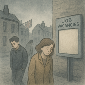 失業率の上昇に直面し、求人掲示板の前で肩を落とすイギリスの人々を描いたイラスト。