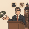 イギリス国会議事堂を背景に、政治家が現金の束を受け取ろうとする様子を描いたイラスト。階級社会と政治汚職を象徴している。