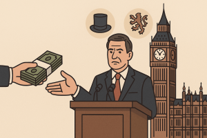 イギリス国会議事堂を背景に、政治家が現金の束を受け取ろうとする様子を描いたイラスト。階級社会と政治汚職を象徴している。