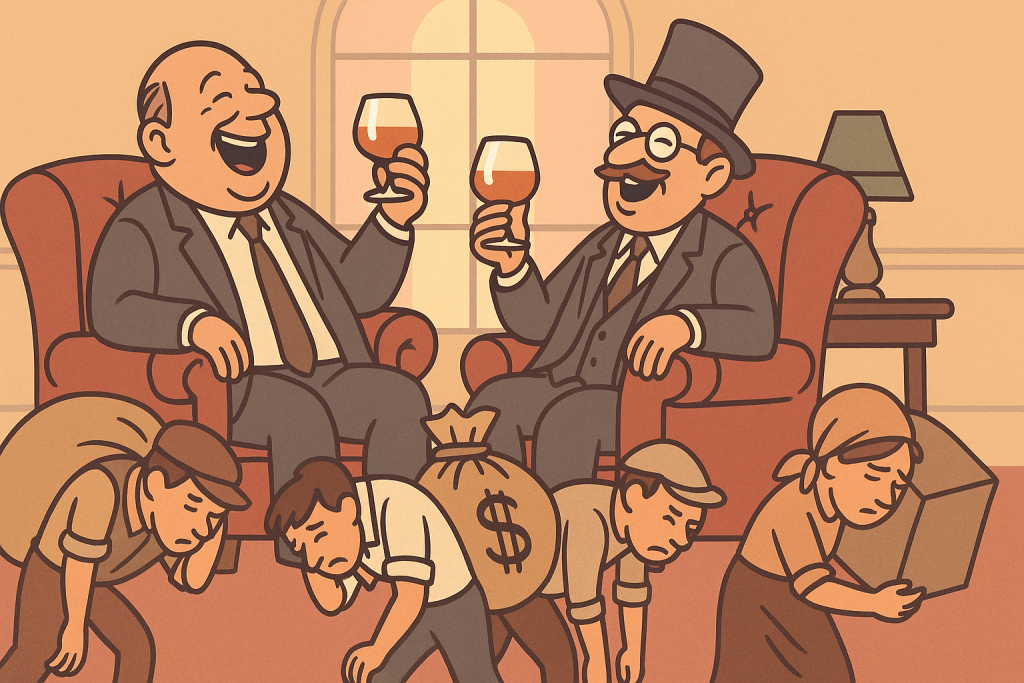 富裕層が椅子に座って酒を飲む一方で、庶民が重い荷物を背負って働いている皮肉なイラスト。格差社会とインフレを象徴的に表現している。
