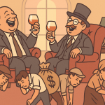 富裕層が椅子に座って酒を飲む一方で、庶民が重い荷物を背負って働いている皮肉なイラスト。格差社会とインフレを象徴的に表現している。