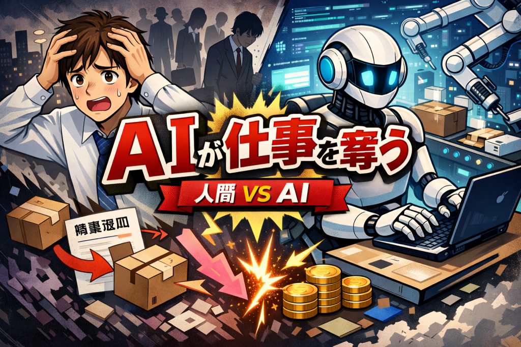 AIに仕事を奪われて不安そうな表情の会社員と、効率的に作業するロボットを対比して描いたイラスト