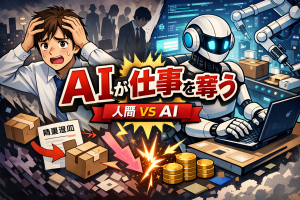 AIに仕事を奪われて不安そうな表情の会社員と、効率的に作業するロボットを対比して描いたイラスト