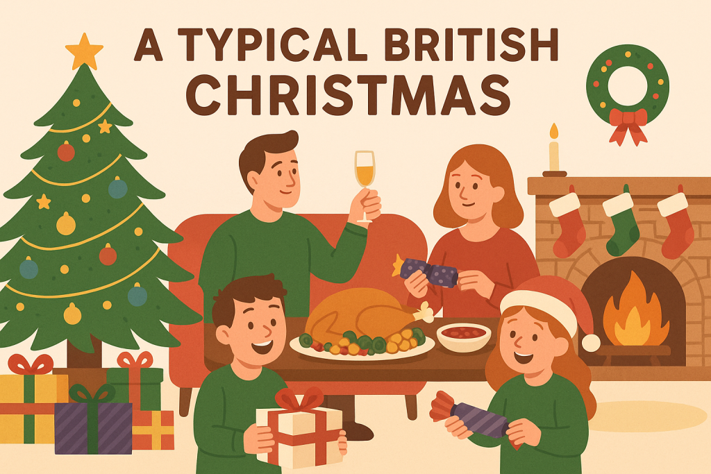 クリスマスツリーと暖炉のある部屋で、イギリスの家族がターキー料理を囲みながらプレゼントを開けている様子を描いたイラスト。