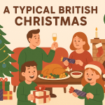 クリスマスツリーと暖炉のある部屋で、イギリスの家族がターキー料理を囲みながらプレゼントを開けている様子を描いたイラスト。
