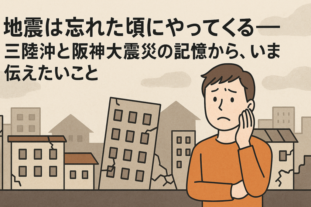地震で傾いた建物を背景に、不安そうに頬へ手を当てる人物のイラスト。地震の記憶と警戒を呼びかけるメッセージを示すバナー画像。