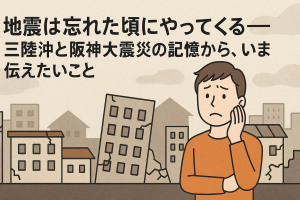 地震で傾いた建物を背景に、不安そうに頬へ手を当てる人物のイラスト。地震の記憶と警戒を呼びかけるメッセージを示すバナー画像。