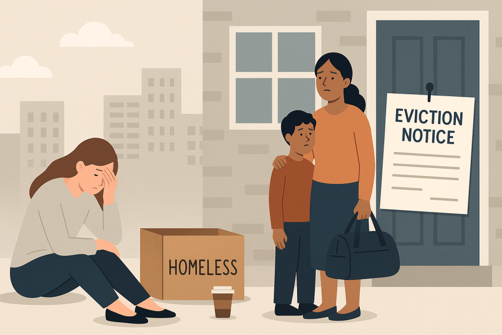 ロンドンで立ち退きを受けた母子と、ホームレスになり座り込む女性を描いた横長イラスト。背景には街並みと“EVICTION NOTICE”の貼られたドアが描かれている。