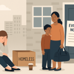 ロンドンで立ち退きを受けた母子と、ホームレスになり座り込む女性を描いた横長イラスト。背景には街並みと“EVICTION NOTICE”の貼られたドアが描かれている。