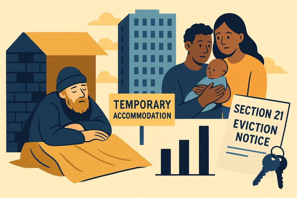 ロンドンのホームレス問題を表す横長イラスト。路上で眠る男性、仮住まいのサイン、家族と赤ちゃん、立ち退き通知、上昇するグラフが描かれている。