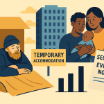 ロンドンのホームレス問題を表す横長イラスト。路上で眠る男性、仮住まいのサイン、家族と赤ちゃん、立ち退き通知、上昇するグラフが描かれている。